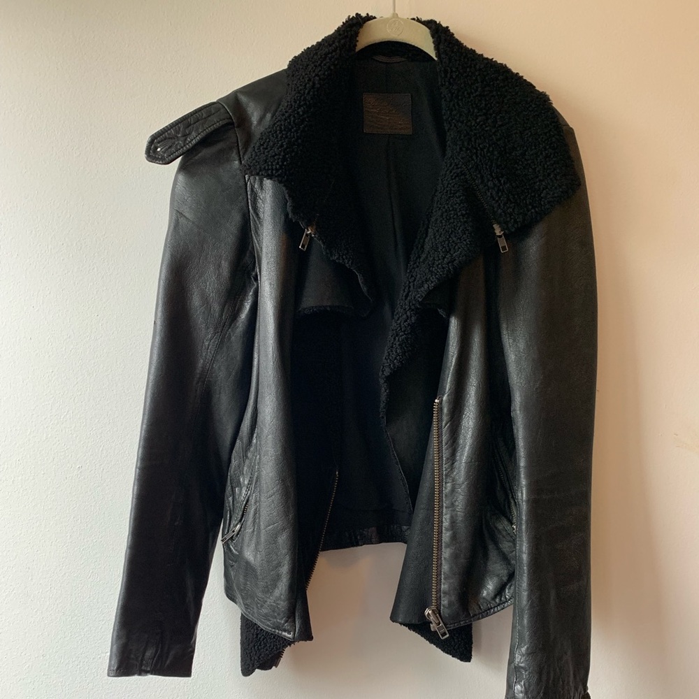 All saints leather jacket, shearling color detail